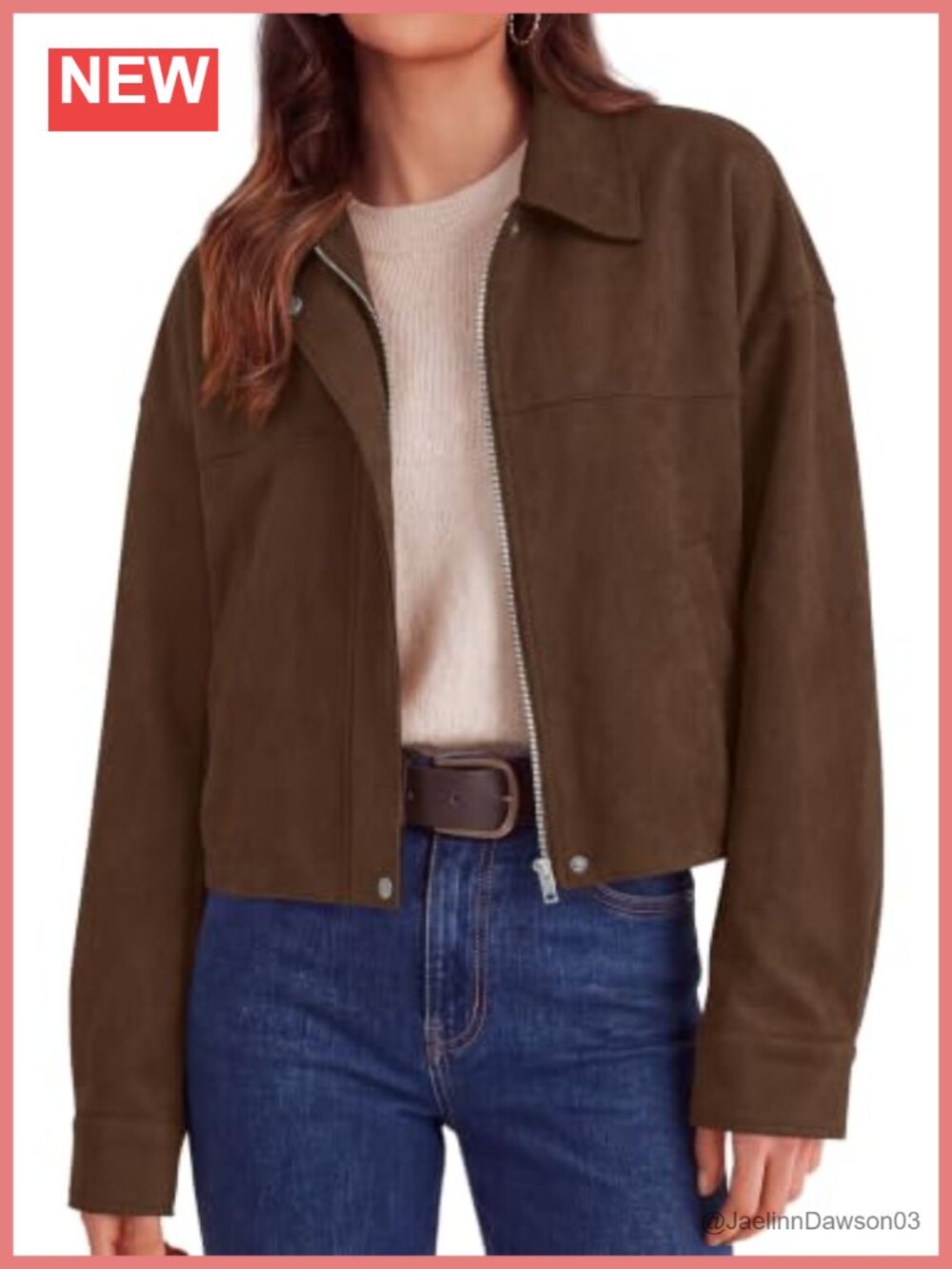 Faux Suede Cropped Zip Up Jacket Lapel Collar Long Sleeve
